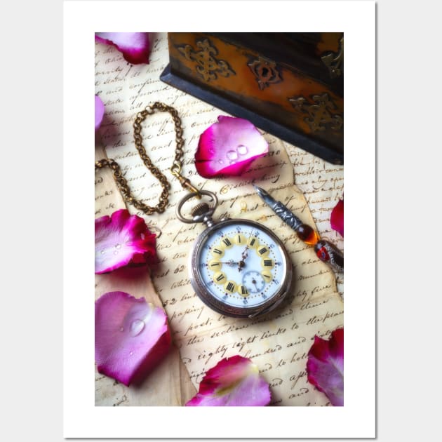 Old pocket Watch And Rose Petals Wall Art by photogarry